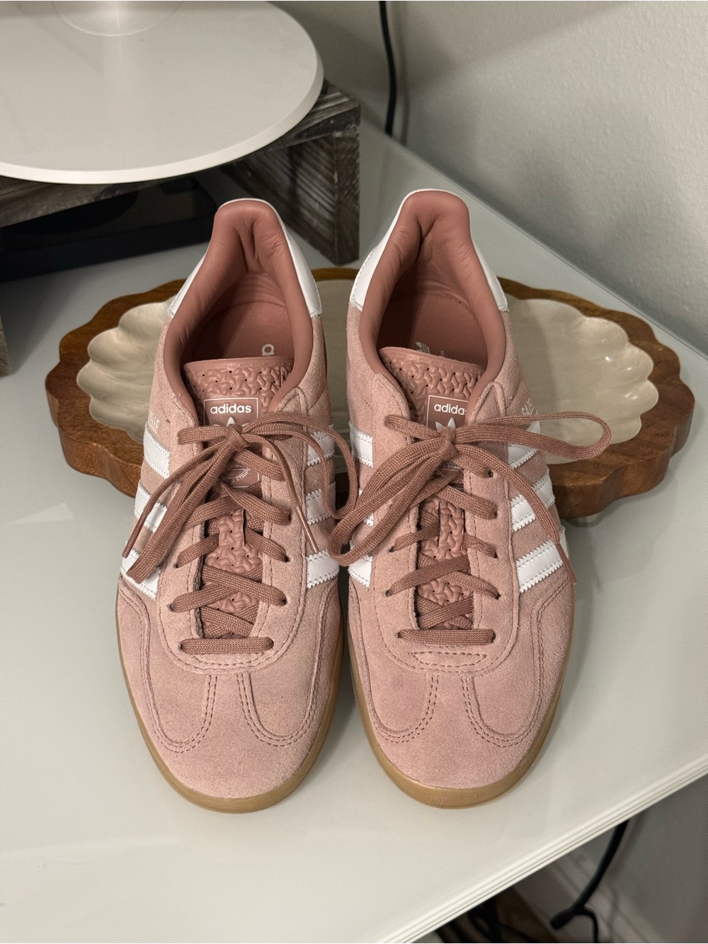 adidas Pink Suede Sneakers with White Stripes and Gum Outsole